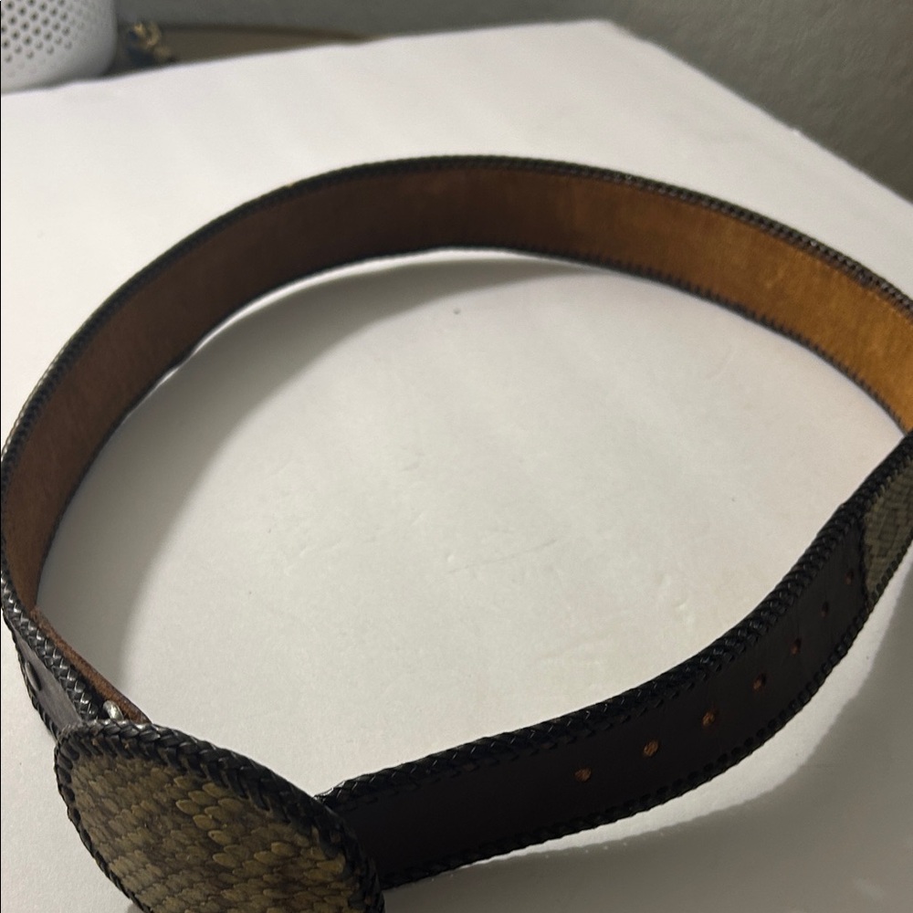Western Snake Print Brown Leather Belt with Woven Design - Picture 3 of 8